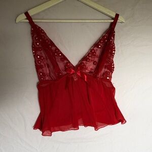 Red Sequin Bow Floral Lace Babydoll Nightie Camisole Chemise